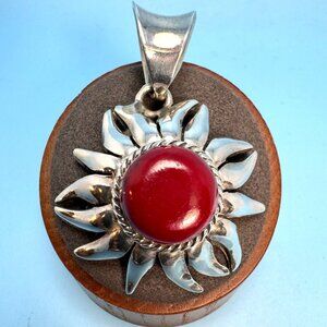 Sterling Silver 925 Jasper Bezel Set Sunflower Design Pendant Size 2'' Length